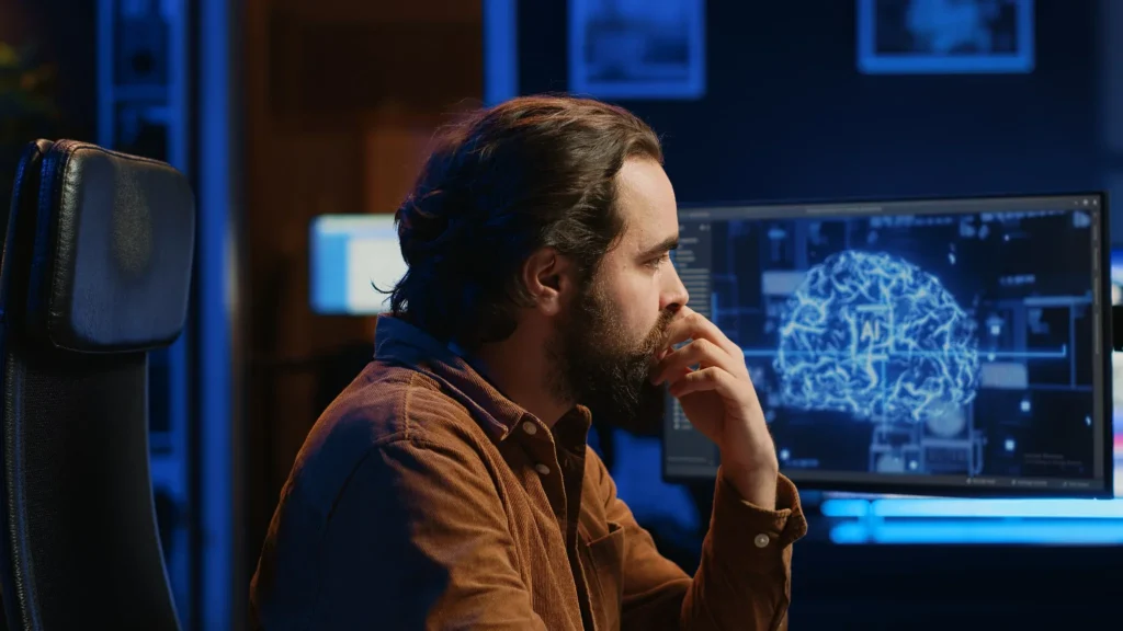 Homem com barba e cabelo preso, sentado em frente a um computador, observando atentamente uma tela com a ilustração digital de um cérebro representando inteligência artificial.