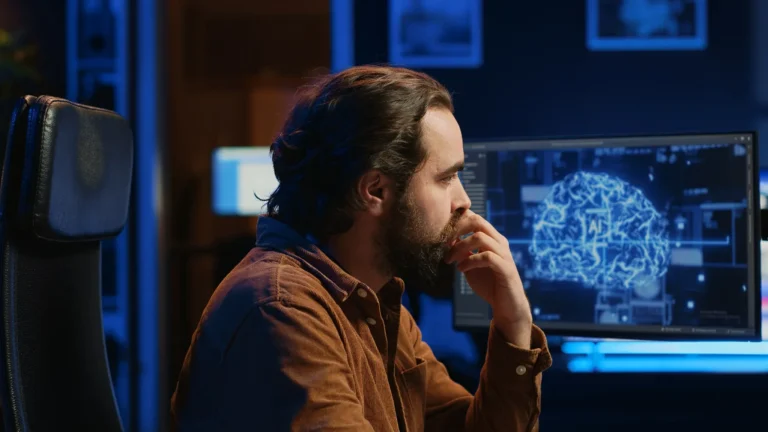 Homem com barba e cabelo preso, sentado em frente a um computador, observando atentamente uma tela com a ilustração digital de um cérebro representando inteligência artificial.